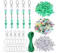 BEEFLYING 750 pcs Beaded Keychain Making Kit, Keyring DIY Kit with Pony Round and Letter Beads Acrylic European Beads Swivle Clasps Key Rings and Nylon Thread for Keyring Making Craft (Green)
