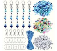 BEEFLYING 750 pcs Beaded Keychain Making Kit, Keyring DIY Kit with Pony Round and Letter Beads Acrylic European Beads Swivle Clasps Key Rings and Nylon Thread for Keyring Making Craft (Blue)