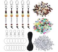 BEEFLYING 750 pcs Beaded Keychain Making Kit, Keyring DIY Kit with Pony Round and Letter Beads Acrylic European Beads Swivle Clasps Key Rings and Nylon Thread for Keyring Making Craft (Earthy Colors)