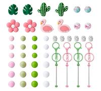 BEEFLYING 94pcs Beaded Keychain Bars Making Kit, 4 pcs Keyring Bar Clasps Silicone Round Flower Cactus Flamingo Beads for Keychain Making Bag Charm Diy Women Girl Craft