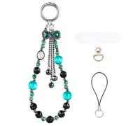 BEEFLYING Crystal Bead Phone Bracelet Strap, Phone Bow Charms Chain, Cyan Black Phone Wrist Strap Lanyard for Women Girls, Keyring Charm Pendant for Phone Camera Bag Accessories