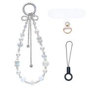 BEEFLYING Pearl Beaded Phone Wrist Strap Cute Phone Charm Lanyard White Rhinestone Bow Cellphone Wristlet for Women & Girls Cellphone Case Keychain Bag Camera Decoration