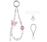 BEEFLYING Pink Butterfly Beaded Cell Phone Charm Strap Lanyard Handmade Butterfly Bead Phone Wristlet for Women & Girls, Kawaii Phone Case Bag Accessory