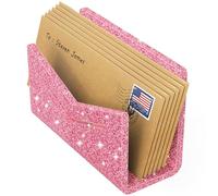 Beego Envelope and Mail Organizer Countertop - Glitter Pink Acrylic Desk Organizer Letter Holder Desktop File Sorter Bill Document Folder Rack for Office, Home, School Desk Organization