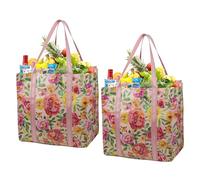 BeeGreen 2 Pack Flower Reusable Grocery Bags with Hard Bottom - Heavy Duty Foldable Large Shopping Totes for Groceries, Beach & Travel, Waterproof Collapsible Storage Bag