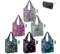 BeeGreen Boho Gifts for Women Geometric Reusable Grocery Bags Mandala Shopping Bags Bulk 6 Pack 50LBS X-Large Foldable-Machine Washable-Heavy Duty Mandana Yoga Gifts