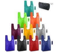 BeeGreen Colorful Reusable Grocery Bags Bulk Gifts 10-Pack - Large Tote with Zipper Pouch | Foldable & Washable Polyester Shopping Bags Heavy Duty Animal Lover Gifts Reusable Bag With Handles