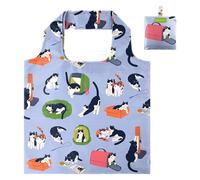 BeeGreen Cute Cat Blue Gift for Women Reusable Grocery Bags Tote Bags Bulk Large Shopping Basket Gift Bag Bulk Foldable Organizer with Handles Cloth Heavy Duty Washable Packable Collapsible