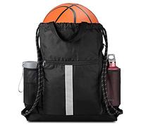 BeeGreen Drawstring Backpack Bag with Shoe Compartment X-Large Black Gym Sports String Cinch Backpack Athletic Sackpack with Front Inside Zipper Pockets and Mesh Water Bottle Holders for Women M