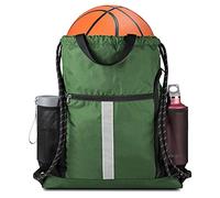 BeeGreen Drawstring Backpack Sports Gym Bag for Women Men Large Size With Two Zipper Pockets and Water Bottle Mesh Pockets, Green, 16" x 19.5", Drawstring With Shoe Compartment
