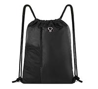 BeeGreen Drawstring-Gym-Bag for Men&Women Black Sport String Backpack with Water Bottle Mesh Pockets&Front Zippered Pocket