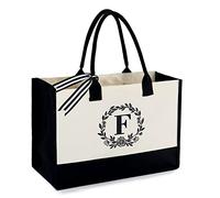 BeeGreen Embroidery Monogram Initial Tote Bag for Women Teacher Mom Friend Personalized Gift for Birthday Beach Work Wedding, Black With Natural, 17" x 12.5" x 6.7"