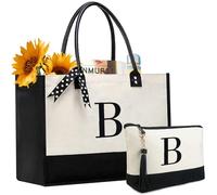 BeeGreen Embroidery Monogram Initial Tote Bag Gift for Women Teacher Mom Friend Personalized Gift for Birthday Beach, Letter White