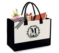 BeeGreen Gift Basket Monogram Initial Canvas Tote Bag with Pocket Embroidery Personalized Tote for Mom Teacher Friend, Natural With Black, L, M