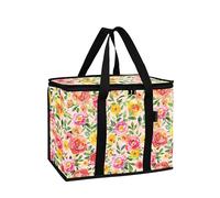BeeGreen Insulated Cooler Bag Soft Tote for Grocery Shopping Beach Travel Lunch Foldable Leakproof Delivery Totes Large Ice Coolers with Handle Hard Freezer Bags with Zippered Top Pink Red Flowers