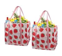 BeeGreen Large Strawberry Reusable Grocery Bags with Hard Bottom - Heavy Duty Foldable Shopping Totes for Groceries, Beach & Travel, Waterproof Collapsible Storage Bag 2 Pack