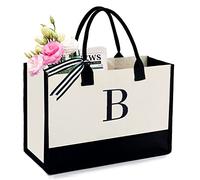 BeeGreen Monogrammed Gift with Zipper Pocket Women Tote Bag 13oz Canvas Personalized Bag Embroidery Initial Bag, White and Black, L 码(大码), B