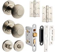 Beehive Mortice Door Knob Complete Bathroom Door Pack - Brushed Nickel - 76mm - Knob/lock/hinges - Designer Levers