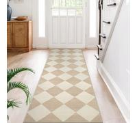 Beeiva Checkered Print Carpet Runners for Hallway 6ft, Beige Ultra Thin Washable Kitchen Runner Rug Non Slip, Moroccan Plaid Checkerboard Decor Faux Wool 2x6 Rug for Bedroom Bathroom Entryway