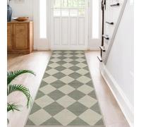 Beeiva Checkered Print Kitchen Runner Rugs Non Skid Washable 2.5x8, Ultra Thin Low Pile Green Runners for Hallways 8ft, Geometric Farmhouse Floor Carpet for Bedroom Entryway, Modern Plaid Home Decor