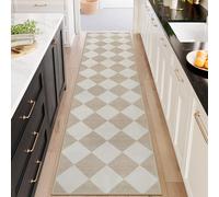 Beeiva Checkered Print Long Hallway Runner Rug Non Slip, Beige Ultra Thin 2.5x10 Washable Runner Rug, Moroccan Plaid Faux Wool Neutral Carpet for Hallways Bathroom Kitchen Stair Hardwood Floor, 10ft