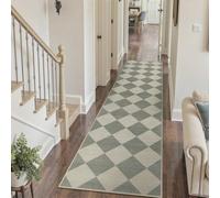 Beeiva Checkered Print Rug Runners for Hallways 2.5x10, Green Kitchen Runner Rugs Non Skid Washable Ultra Thin Faux Wool Long Carpet for Hallway, Checkerboard Neutral Floor Carpet for Kitchen Decor