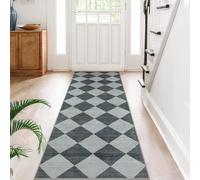 Beeiva Moroccan Checkered Hallway Runner 2.5x8, Low Pile Kitchen Runner Rugs Non Skid Washable, Blue/Grey