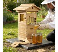 Beekeeping Starter Kit Self-Flowing Honey Beehive with Observation Window & Honey Spout, Complete Wooden Bee Box with 4 Frames & 6 Trays for Garden Pollinators, Beginner-Friendly