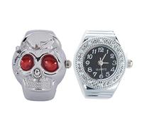 Beelooom 2 Pcs Crystal Quartz Ring Alloy Unisex Watch Black & Red