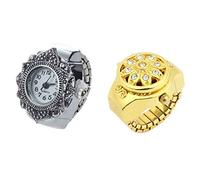 Beelooom 2 Pcs Finger Ring Watch Round Dial Crystal Flower Decor Elastic Band Finger Ring Watch, Silver & Gold