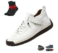 Beelovy Shoes for Men,EaseStep Leather Sneakers,Soft Comfort Orthopedic Slip On Driving Boots,Casual Slip On Loafers(White,8.5 UK)
