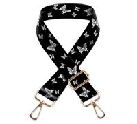 Beemorita Crossbody Purse Strap for Women Men, Replacement Bag Belt Strap for Purse Handbag Guitar Camera, Adjustable Canvas Wide Shoulder Strap with Golden Hooks, black butterfly, 1.5*31.4(to 57.75)