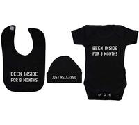 Been Inside for 9 Months Baby Bodysuit/Romper & Feeding Bib with Just Released Beanie Hat - 0-3 Months - Black