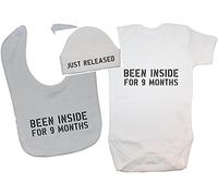Been Inside for 9 Months Baby Bodysuit/Romper & Feeding Bib with Just Released Beanie Hat - 0-3 Months - White