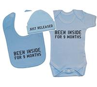 Been Inside for 9 Months Baby Bodysuit/Romper & Feeding Bib with Just Released Beanie Hat - 3-6 Months - Blue