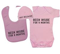 Been Inside for 9 Months Baby Bodysuit/Romper & Feeding Bib with Just Released Beanie Hat - 3-6 Months - Pink