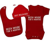 Been Inside for 9 Months Baby Bodysuit/Romper & Feeding Bib with Just Released Beanie Hat - 6-12 Months - Red