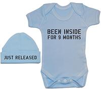 Been Inside for 9 Months Baby Bodysuit/Romper/T-Shirt & Just Released Beanie Hat - 3-6 Months - Blue