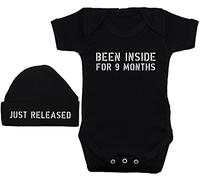 Been Inside for 9 Months Baby Bodysuit/Romper/T-Shirt & Just Released Beanie Hat - 6-12 Months - Black