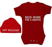 Been Inside for 9 Months Baby Bodysuit/Romper/T-Shirt & Just Released Beanie Hat - 6-12 Months - Red