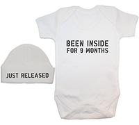 Been Inside for 9 Months Baby Bodysuit/Romper/T-Shirt & Just Released Beanie Hat - 6-12 Months - White