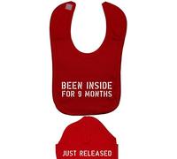 Been Inside for 9 Months Baby Feeding Bib & Just Released Beanie Hat - 0-3 Months - Red