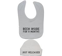 Been Inside for 9 Months Baby Feeding Bib & Just Released Beanie Hat - 0-3 Months - White