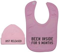Been Inside for 9 Months Baby Feeding Bib & Just Released Beanie Hat - 3-6 Months - Pink