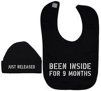Been Inside for 9 Months Baby Feeding Bib & Just Released Beanie Hat - 6-12 Months - Black