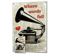 Beenanas Gramophone Where Words Fail Music Speaks Metal Word Art Sign & Keepsake Fridge Magnet Bundle Vintage Style