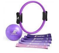 Beenax Pilates Ring Set - Fitness 12” Magic Circle with Double Padded Handles - Includes Soft Pilates Ball, Resistance Bands & Exercise Guide for Yoga, Thighs, Abs, Legs, Core Training