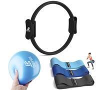 Beenax Pilates Ring Set - Fitness 12” Magic Circle with Double Padded Handles - Includes Soft Pilates Ball, Resistance Bands & Exercise Guide for Yoga, Thighs, Abs, Legs, Core Training