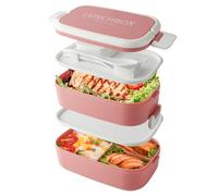 Beeptrum Bento Lunch Box Stackable,1400ml Containers with 4 Compartments and Cutlery, Leakproof 2 Layer Boxes, for Adults Kids Office, Microwave Dishwasher Safe (Pink)
