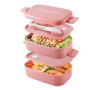 Beeptrum Bento Lunch Box Stackable,1500ml Containers with 4 Compartments and Cutlery, Leakproof 2 Layer Boxes, for Adults Kids Office, Microwave Dishwasher Safe (Pure Pink)